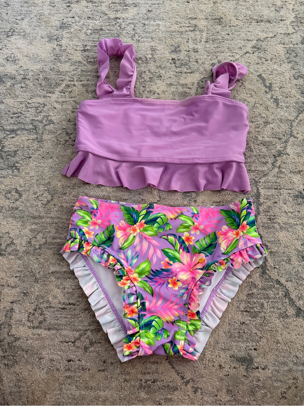 SHEIN Lavender Ruffle Tankini with Tropical Floral Bottoms